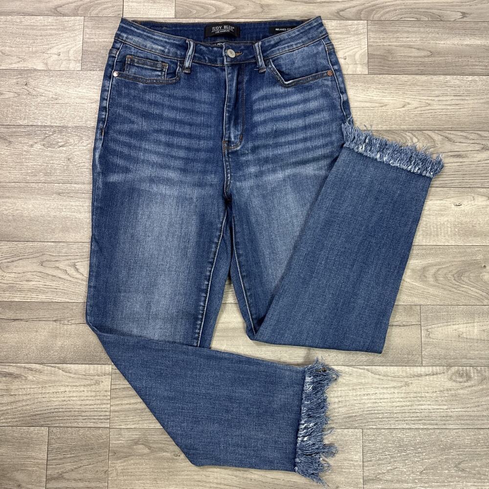 Judy Blue Relaxed Fit Denim Jeans Frayed Hem High Rise Medium Wash sz 9/29